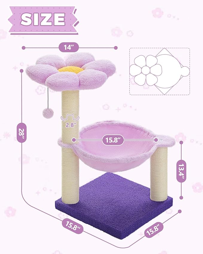 Flower Cat Scratching Post, 28" Cute Cat Tree Tower for Indoor Cats with Large Hammock Soft Perch Bed, Replaceable Toy Ball for Kittens, Purple-PawvioPets