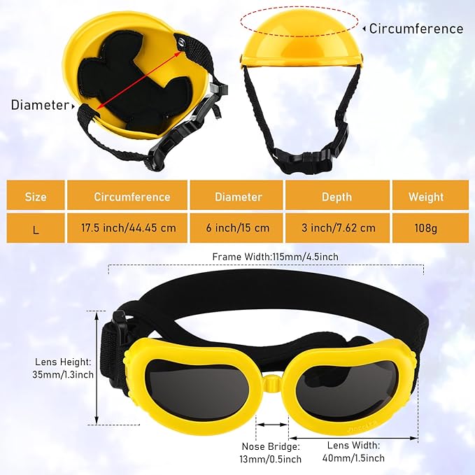Frienda Dog Helmet and Goggles, UV Protection Doggy Sunglasses and 4 Inch Padded Puppy Motorcycle Helmet Adorable Dog Goggles with Adjustable Belt for Small Dogs Puppy Riding (Yellow,L)-PawvioPets