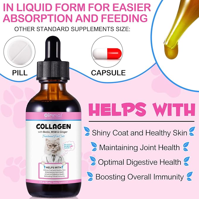 Collagen for Cats, Daily Liquid Collagen Drops for Cats with Allergies, Biotin, Vitamin C and Hyaluronic Acid, Improves Mobility Skin and Coat Health, Itch Relief for Cat, Salmon Flavor, 60ML-PawvioPets
