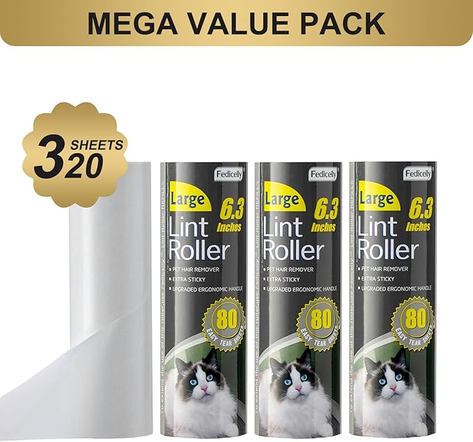 Fedicelly Large Lint Rollers Pet Hair Extra Sticky Refills,Mega Value Set 6.3 inches Wider with 320 Sheets for Cat and Dog Hair Removal,80 Sheets Per Roller-PawvioPets