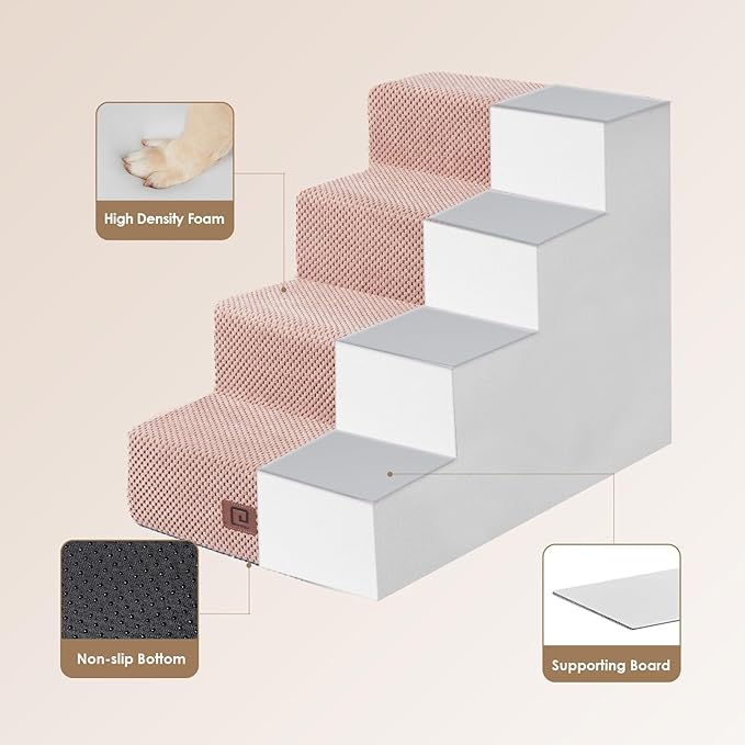 EHEYCIGA Dog Stairs for Bed 18" H, 4-Step Dog Steps for High Bed, Pet Steps for Small Dogs and Cats, Non-Slip Balanced Pet Ramp Indoor, Pink-PawvioPets