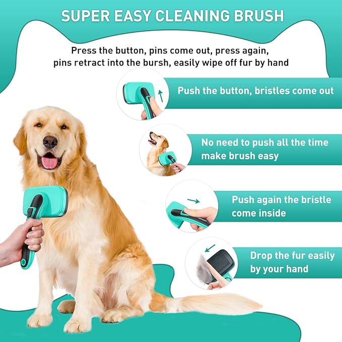 Dog Brush Kit for Grooming Short Long Haired Cats, 3 in 1 Dog Grooming Set for Small Animals, Puppy Self-Cleaning Slicker Brush for Shedding Medium & Large Dogs. Free Pet Comb + Nail Clippers-PawvioPets