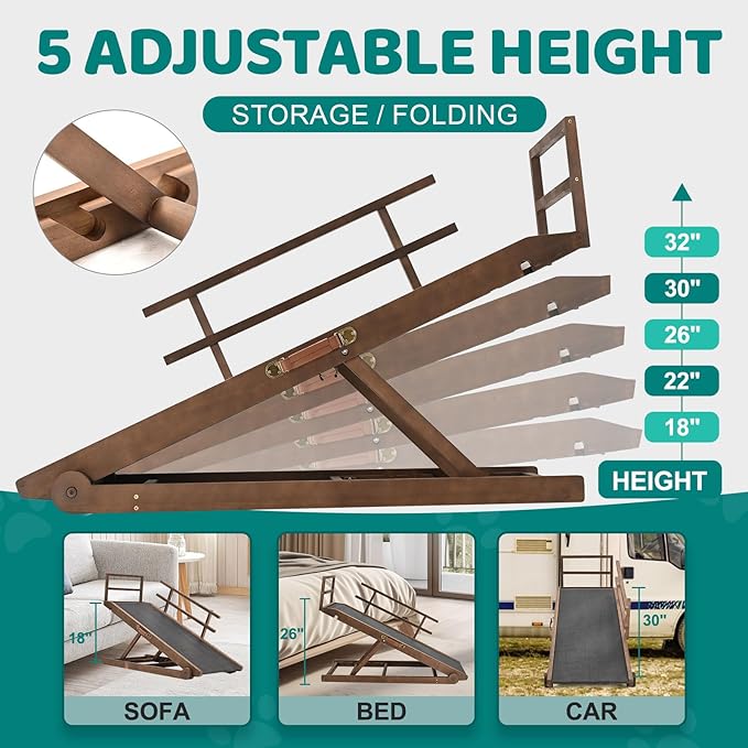 Dog Ramp for Bed, Adjustable Pet Ramps for Dog to Get on Bed, Non-Slip Rubber Surface - Folding Wooden Dog Ramp for Small/Large/Old Dogs, Adjustable up to 31 inch High Beds, Safety Railings-PawvioPets