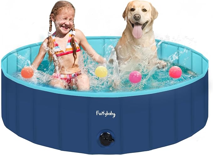 Furrybaby Dog Pool, Foldable Dog Pools for Large Dogs Portable Kiddie Pool Pet Doggie Wading Swimming(Navy 47'') Indoor and Outdoor-PawvioPets