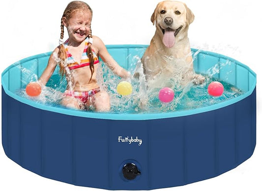 Furrybaby Dog Pool, Foldable Dog Pools for Large Dogs Portable Kiddie Pool Pet Doggie Wading Swimming(Navy 47'') Indoor and Outdoor-PawvioPets