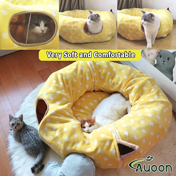 AUOON Cute Cat Donut Tunnel - Round Cat Tunnel Bed with Washable Cushion Interactive Cat Toy for Indoor Cats Kitten Kitty Puppy Rabbit Ferret (Yellow)-PawvioPets