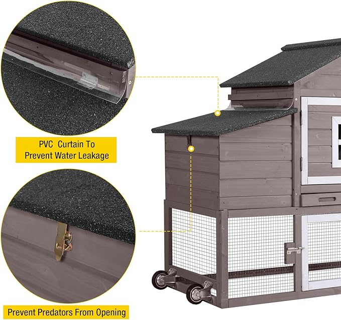 Aivituvin Chicken Coop Outdoor with Wheels, Mobile Hen House Wooden Poultry Cage with Run & Waterproof Roof (Grey with White)-PawvioPets