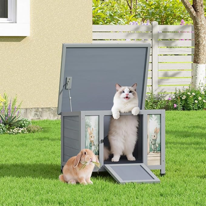 COZIWOW 24in Wooden Cat House Outdoor & Indoor Pet Shelter with Foldable Ramp - Weatherproof Rabbit Hutch with Unique Machine-Printed Art Designs for Cat, Rabbit, Guinea Pig (Grey)-PawvioPets