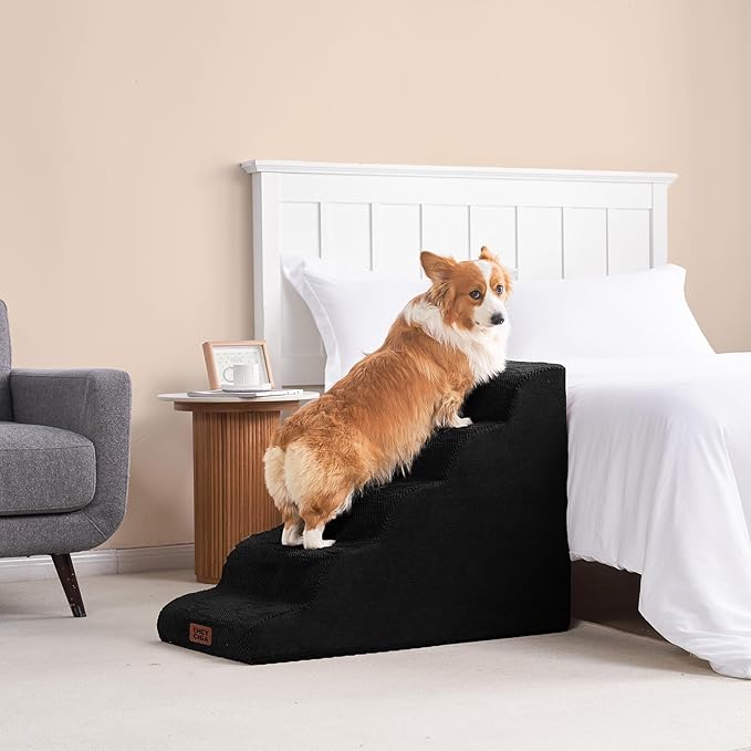 EHEYCIGA Curved Dog Stairs Ramp for High Beds, 5-Step Extra Wide Dog Steps for Small Dogs and Cats, Pet Stairs for High Bed Climbing, Non-Slip Balanced Pet Step Indoor, Black-PawvioPets