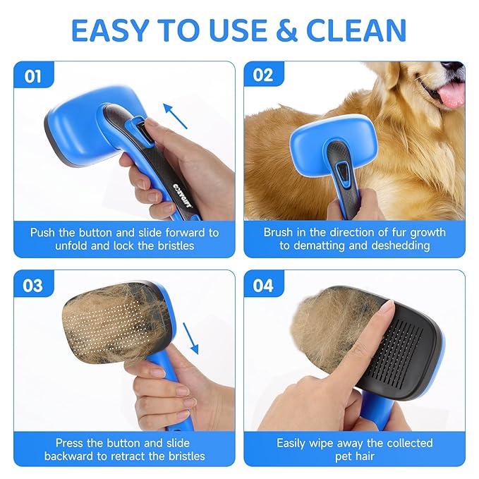 Dog Brush Kit – 3 PCS Grooming Set with Self-Cleaning Brush, Undercoat Rake & Pet Bath Brush. Great for Shedding, Tangles & Dirt Removal – Ideal for Long & Short Haired Dogs & Cats, Blue-PawvioPets