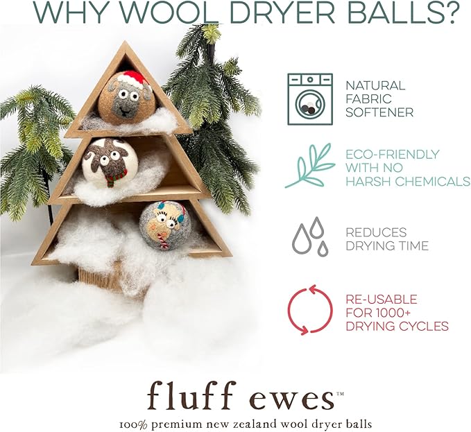 Fluff Ewes Wool Dryer Balls 3 Pack Premium New Zealand Wool Laundry Balls for Dryer, No Static Dryer Balls Laundry Reusable, XL Christmas Dryer Balls, Holiday Dryer Balls - Sheep in Heavenly Peace-PawvioPets