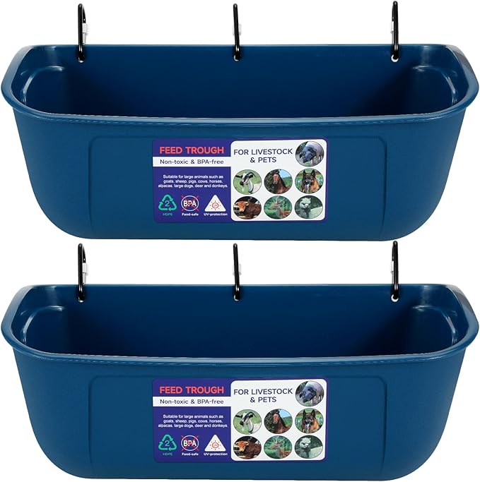 Goovilla Large Feed Trough, Hanging or Screw-in Fence Feeder with Clips, 2 Pack 9 Quart Goat Feeder Supplies, Dog Horse Hog Pig Livestock Poultry Plastic Feeder Trough Bucket for Large Animal, Blue-PawvioPets