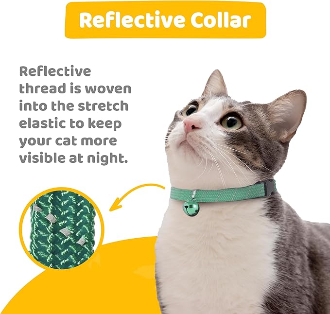 BirdsBeSafe® Break Away Cat Collar with Bell, Reflective Thread for Night Visibility, Comfortable Elastic Stretch Cat Collar to Protect Cat from Getting Stuck in The Garden.-PawvioPets