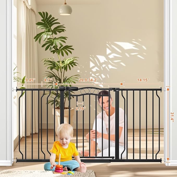53.1-62.2" Extra Wide Baby Gate for Stairs No Drilling, 30" Tall Auto Close Press Mounted Baby Gate for Doorways, Adjustable Width Walk Through Dog Gates for Doorways, Black-PawvioPets