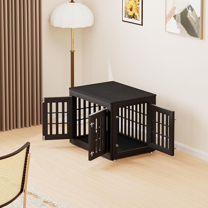 32" Heavy Duty Dog Crate Furniture for Small,Medium and Large Dogs,Rustic Wooden Dog Cage Kennel Indoor Furniture with Waterproof Top,Decorative Pet House Side End Table (Black)-PawvioPets