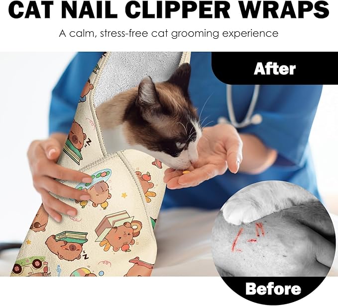 27.6"Cat Grooming Wrap, Self Adhesive Cat Wrap for Cutting Nails, Anti-Escape Calming Cat Swaddle Wrap for Medicine Ear Cleaning, Anti-Scratch Cats Burrito Restraint Blanket, Multifunctional Pet Tool-PawvioPets