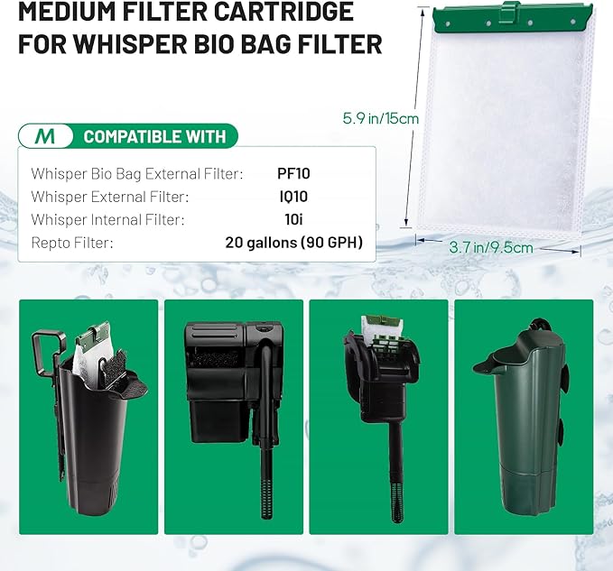 8 Count Medium Filter Cartridges Compatible with Whisper Bio Bag Filters, Large Aquarium Filter Cartridge for Whisper 10i/IQ10/PF10 and Repto Filter 90 GPH-PawvioPets
