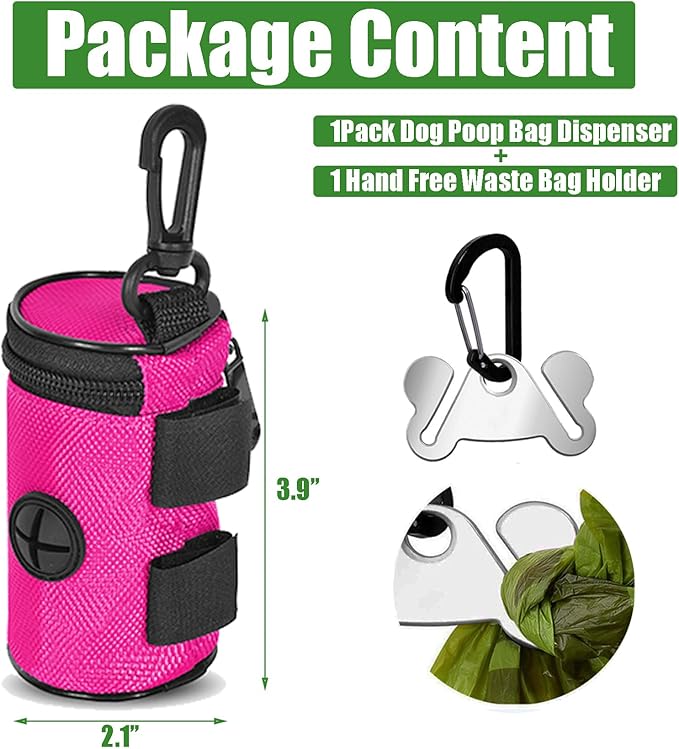 Dog Poop Bag Holder for Leash Attachment - Waste Bag Dispenser for Leash - Fits Any Dog Leash - Portable Set with Hand Free Holder Metal Carrier, Round Shape, Pink-PawvioPets
