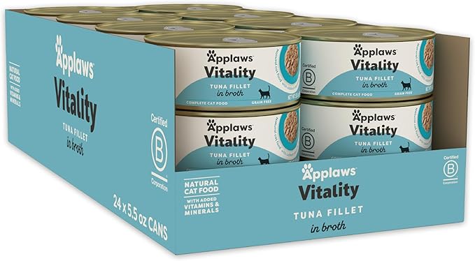 Applaws Vitality Wet Cat Food in Broth, Natural Canned Cat Food, Wet Food for Cats with Added Vitamins and Minerals, Grain Free, Carrageenan Free, Tuna Fillet in Broth (24 Count, 5.5oz Cans)-PawvioPets