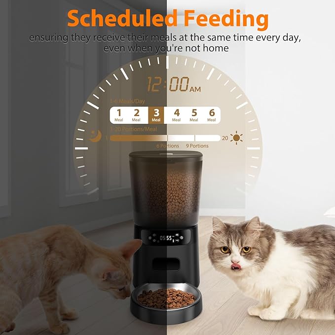 Automatic Cat Feeder, Cat Food Dispenser with Stainless Steel Bowl, Timed Portion Control 20 Portions 6 Meals Per Day, Voice Recorder, Dual Power Supply for Small Dogs (Black)-PawvioPets