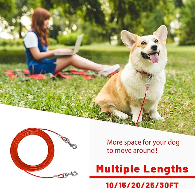Dog Tie Out Cable 10/15/20/25/30 FT Runner for Yard Steel Wire Cable with Durable Superior Clips Red Chains for Outside Dog Lead for Large Up to 165 Lbs-PawvioPets