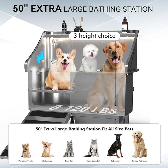 50'' Dog Washing Station - 304 Stainless Steel, LED Dog Bathing Station with Ramp, 2 Drawer, Floor Grate & Lick Pad for Large, Medium & Small Dogs-PawvioPets