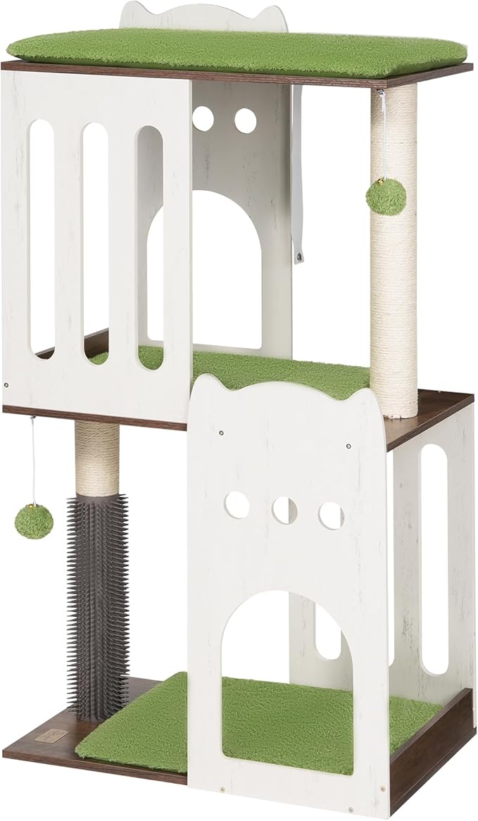 FourFurPets 43.7in 3-Tier Modern Cat Tree Tower Condo, Cat Scratch Posts for Indoor Cats, Big Plate, Two 19.7in Full Sisal Scratching Posts, White-PawvioPets