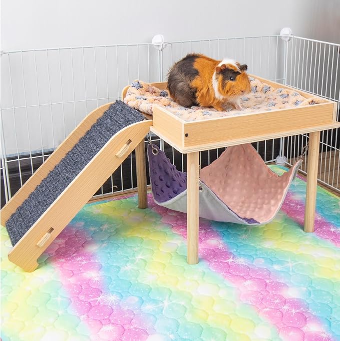 Enlarged Guinea Pig Hammock with Platform and Stairs,Wooden Small Animal Hideout for Guinea Pigs Bunny Ferret Hamster Hiding Sleeping Activities(Single)-PawvioPets