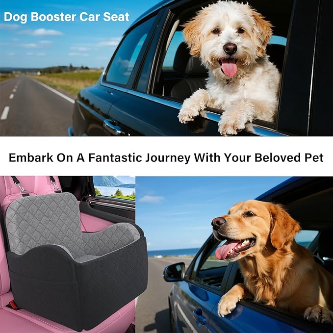 Dog Booster Car Seat, 6in Memory Foam Adjustable Booster Cushion for Small/Medium Dogs, Detachable and Washable Dog Car Seat with Cooling Mat, Pet Booster Seat with Storage Pockets, 2 Safety Belts-PawvioPets