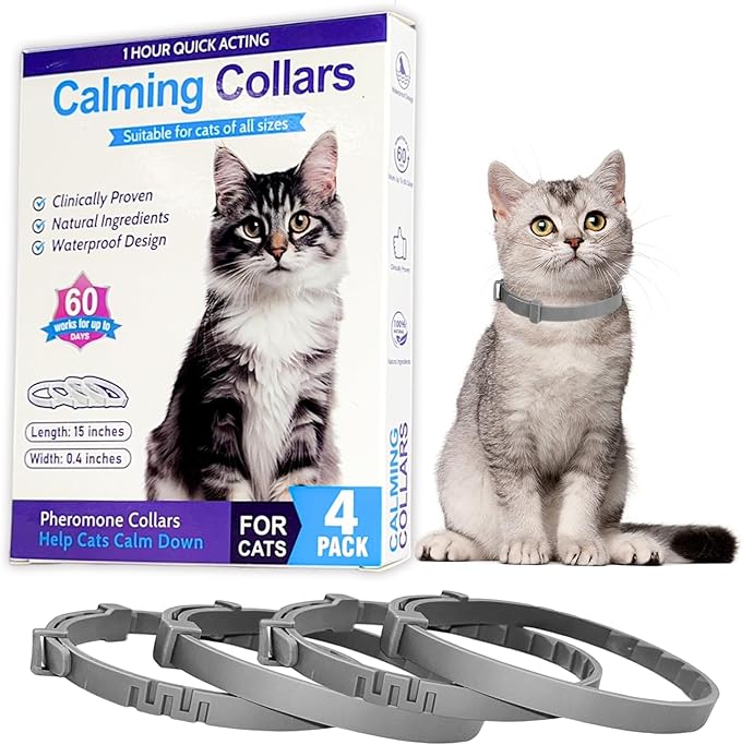 4 Pack Calming Collar for Cats - 60 Days Anxiety and Stress Relief, Relaxing Cat Collar, Adjustable Pheromones Collar for Cats，Natural Soothing for Continuous Calming-PawvioPets