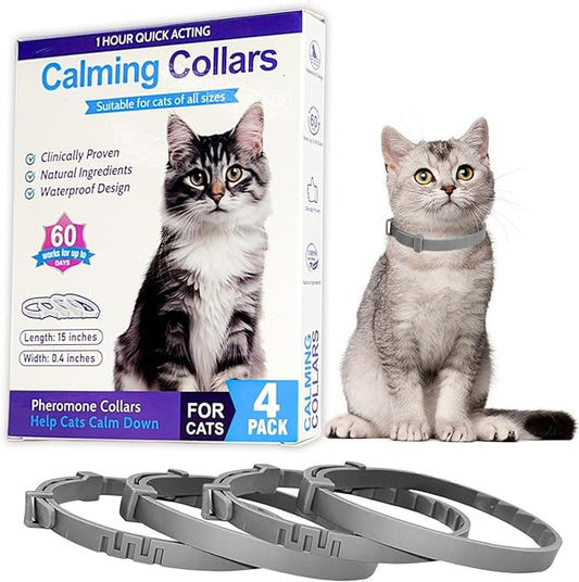 4 Pack Calming Collar for Cats - 60 Days Anxiety and Stress Relief, Relaxing Cat Collar, Adjustable Pheromones Collar for Cats，Natural Soothing for Continuous Calming-PawvioPets
