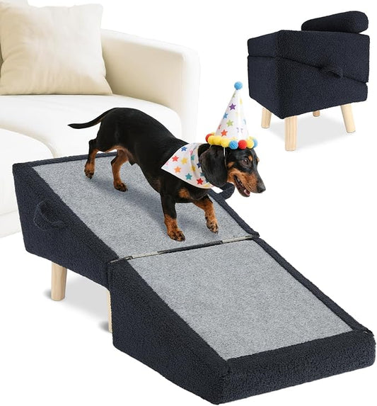 Dog Stairs for Small Dogs and Cats – 2-in-1 Dog Ramp for Bed and Couch, 16.5'' Foldable Wooden Pet Steps, Sturdy Multi-Use Split Ottoman Design, Dark Blue-PawvioPets