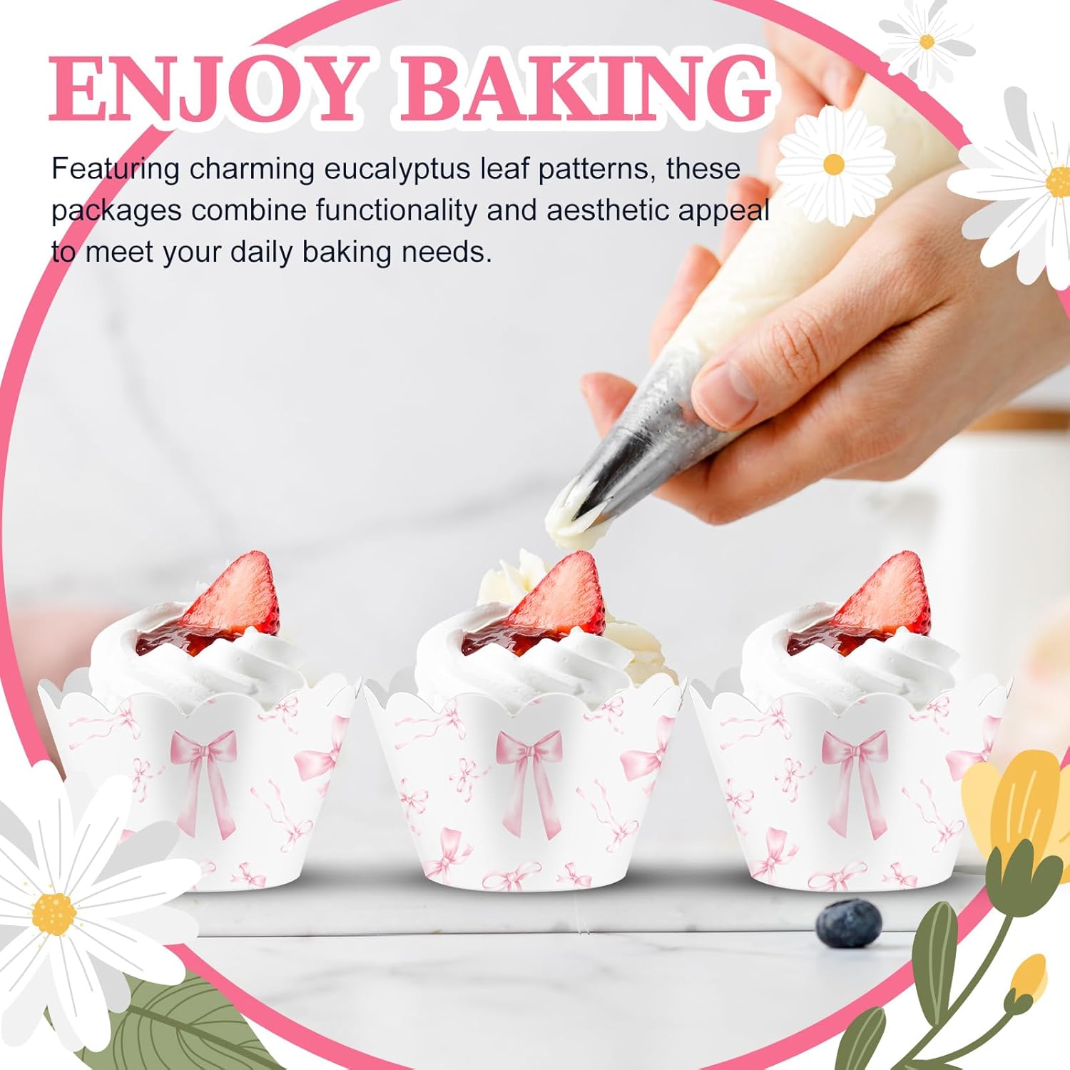 Domensi 100 Pcs Pink Bow Cupcake Wrappers Rustic Cupcake Liners Pink Baking Cups Baking Liners for Wedding Bridal Baby Shower Birthday Breast Cancer Awareness Party Supplies Dessert Decoration