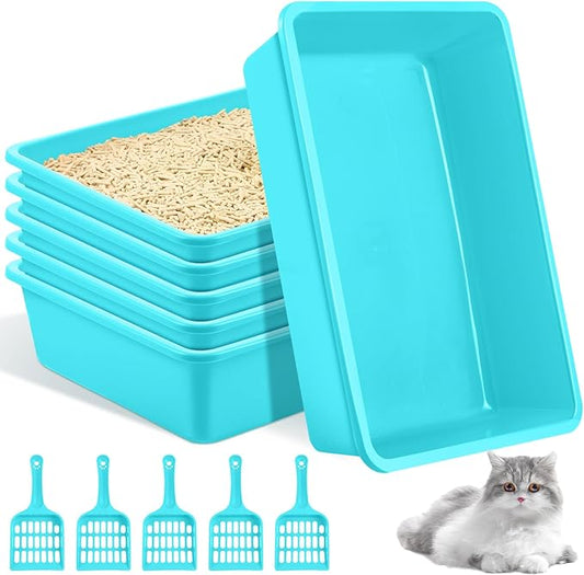 Amyhill 5 Pcs Open Cat Litter Box Kitten Litter Pan with 5 Scooper Medium Plastic Pet Tray Durable Nonstick Kitten Box for Indoor Pets Cats Rabbit Supply Easy to Clean, 14.6x10.6x3.4 Inch (Blue)-PawvioPets