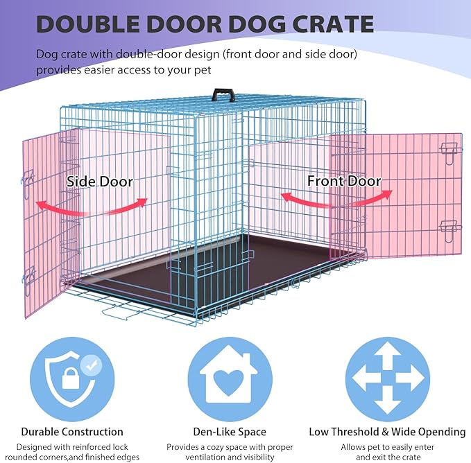 BestPet | Dog Crate | 48" | Blue | Foldable Metal Kennel with Double Doors, Secure Slide-Bolt Latches, Leakproof Tray | Portable Dog Cage for Large Breeds | for Travel, Indoor & Outdoor Use-PawvioPets