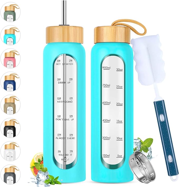 32 oz Glass Water Bottle with Straw - Motivational Time Marker & Silicone Sleeve - Reusable Tumbler Includes 2 Bamboo Lids & Fruit Infuser - 1 Pack-PawvioPets