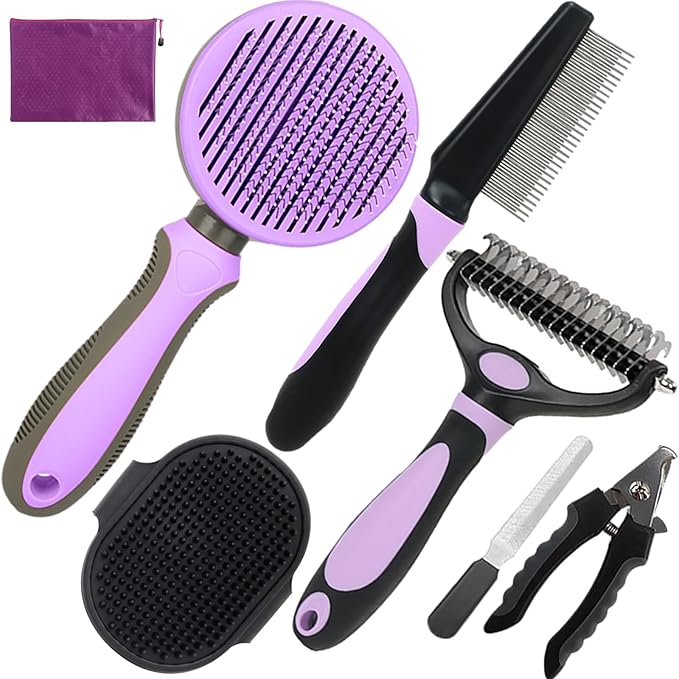 Dog Brush for Shedding, 7 PCS Dog Grooming Brush Kit Including Undercoat Rake, Slicker Brush, Dematting Comb, Nail Clipper, Bath Brush for Long & Short Haired Dogs, Cats - Purple-PawvioPets