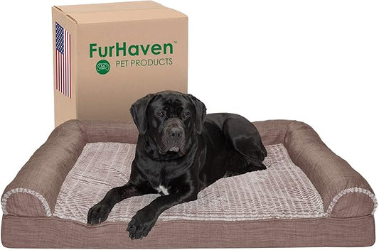 Furhaven Cooling Gel Dog Bed for Large Dogs w/ Removable Bolsters & Washable Cover, For Dogs Up to 125 lbs - Luxe Faux Fur & Performance Linen Sofa - Woodsmoke, Jumbo Plus/XXL-PawvioPets
