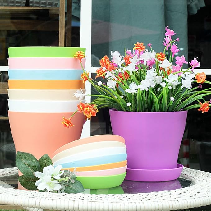 10 Pack 4 Inch Plant Pots Bulk Small Plastic Planters Pots with Drainage Holes Flower Pot for Succulent, Cactus, Herb, African Violet (10pcs-Multicolor, 4Inches)-PawvioPets