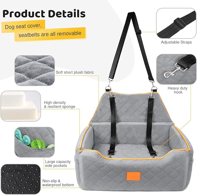 Dog Car Seat for Large/Medium Dog, Booster Seat for Dogs Under 55Lbs or 2 Small Puppy, Detachable and Washable Travel Pet Bed with Thick Cushion and Storage Pockets (Gray)-PawvioPets
