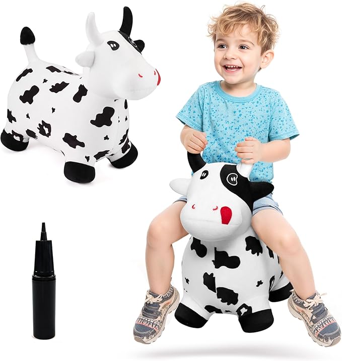 EVERICH TOY Bouncy Horse Cow Toys, Inflatable Bouncing Animal Hopping Toys, Outdoor Indoor Ride on Bouncer, Boys Girls Birthday Gift for 18 Month 2 3 4 5 6 Year Old Kid- Plush Cow Toy-PawvioPets