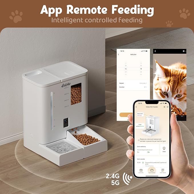 Automatic Cat Feeder with Camera,5G/2.4G WiFi Pet Feeder,2K HD Video and Night Vision,Easy APP Operation,Low Food and Food Clogging APP Tips,Water and Grain Large Capacity Feeder-PawvioPets