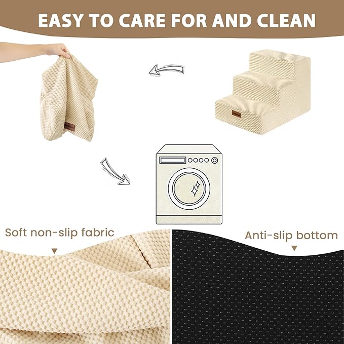 Dog Stairs for Small Dogs & Cats, 3-Step Non-Slip Pet Steps for Couch Sofa and Chair, Beige, 13.6" H-PawvioPets