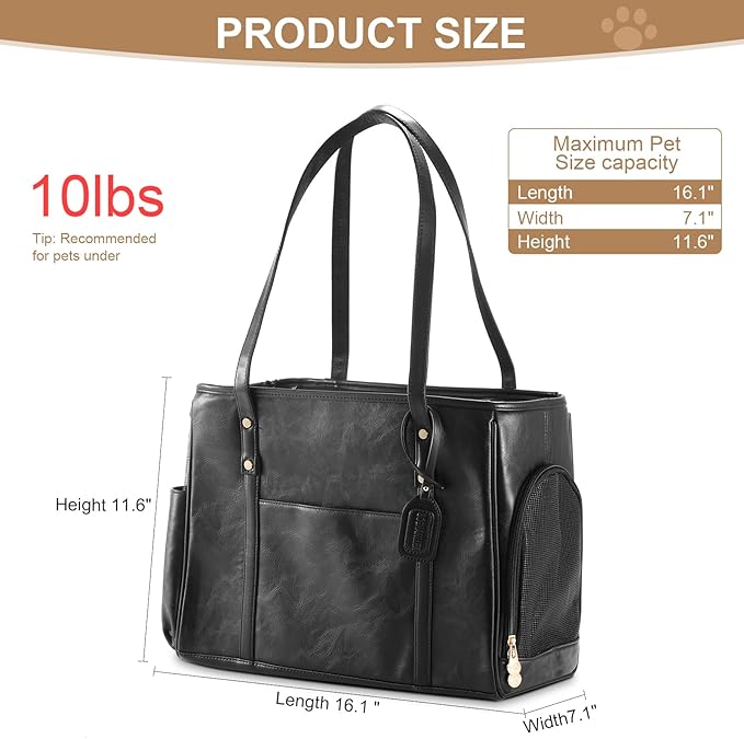 Fashion Dog Carrier Purse, Premium Leather Cat Carrier Bag, Airline Approved Soft Sided Pet Travel Tote Bag with Pockets Black-PawvioPets