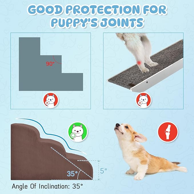 Dog Stairs & Steps for High Beds, 2 Steps High Density Foam Waterproof Dog Ramp for Small Dogs and Cats, Pet Stairs with Washable Cover for Bed, Couch, Sofa and Car, Coffee (H: 11.8")-PawvioPets
