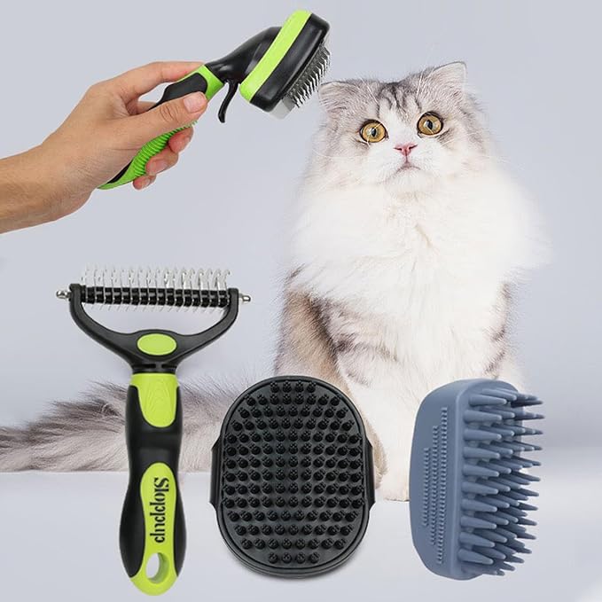 Dog Brush Kit for Grooming Short & Long Haired Dogs & Cats, 4-in-1 Pet Grooming Set with Self-Cleaning Slicker Brush, Deshedding Tool, Shampoo Bath Comb, Massge Comb (Green Black)-PawvioPets