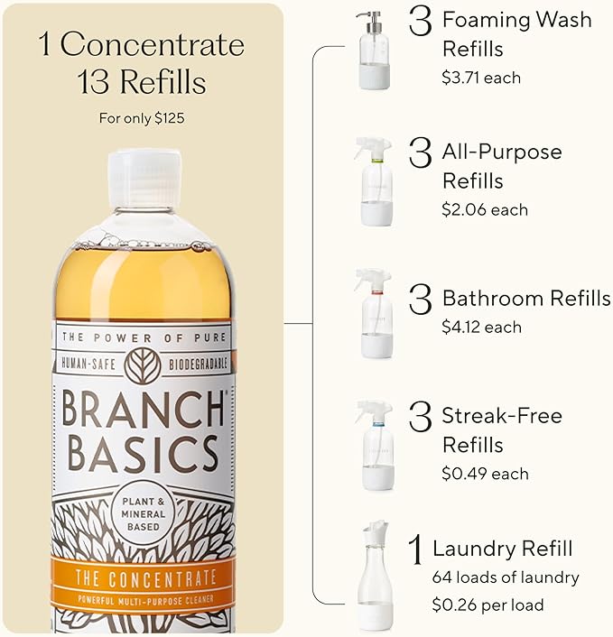 Branch Basics Premium Starter Kit in Glass: All Purpose Cleaner, Glass Cleaner, Bathroom Cleaner, Wash Bottle, and Laundry Bottle (3 Glass Spray Bottles + Concentrate) Fragrance-Free-PawvioPets