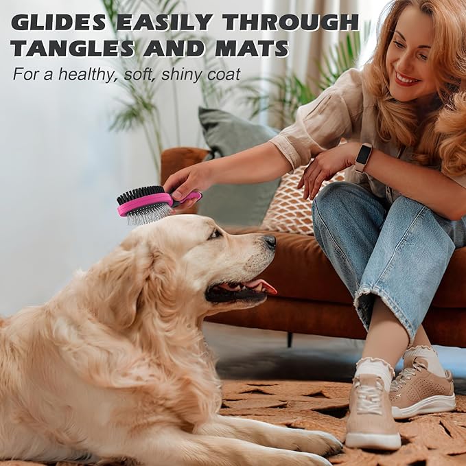 2PCS Pet Grooming Tools - Double-Sided Brush for Shedding and Bathing, Suitable for Short/Long Haired Dogs Cats and Horses, Deshedding Dog Brush, Mane & Tail Combs for Horses - Pet Supplies (Pink)-PawvioPets