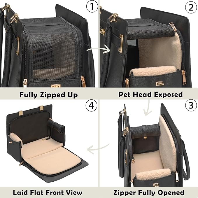 2-in-1 Stylish Dog Purse Carrier Soft-Sided Carriers Travel Tote Bag for Small Dogs Cats, Fashion Foldable Pet Bag for Puppies Small Animals with Pockets (Black, 15" L x 7.5" W x 12.2" H)-PawvioPets