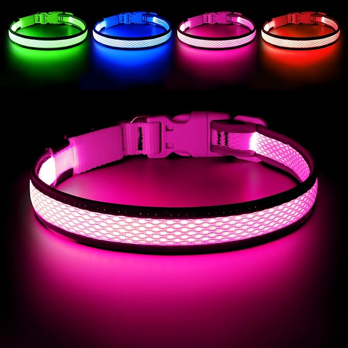 Flashseen LED Dog Collar, USB Rechargeable Light Up Dog Collar Lights, Adjustable Comfortable Soft Mesh Safety Pet Collar for Small, Medium, Large Dogs (Large, Candy Pink)-PawvioPets